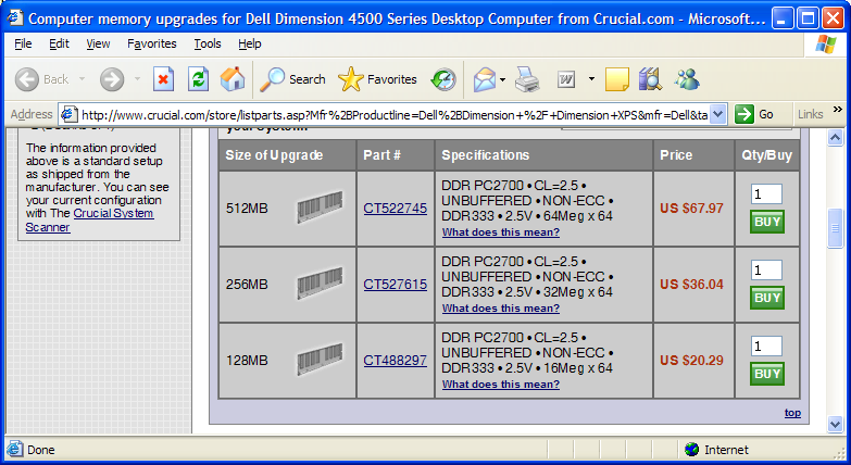 Screenshot of Crucial.com showing RAM prices in Internet Explorer